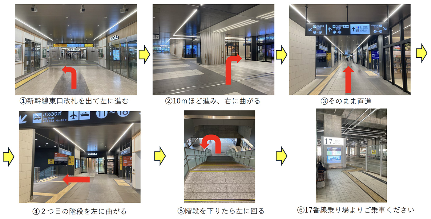 新潟駅新幹線改札から朱鷺メッセ行路線バス乗り場までの経路のご案内